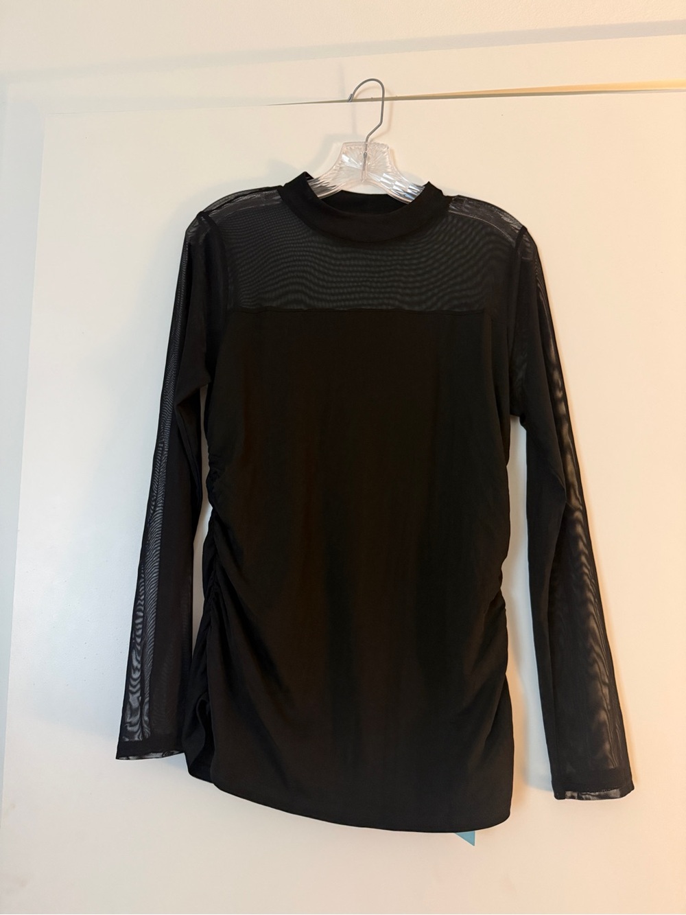 Black Mesh-Panel Long Sleeve ruched Top